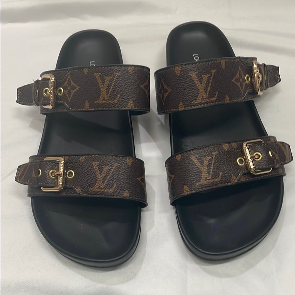 Louis Vuitton Brown Monogram Double-Strap Slide Sandals with Gold Buckles - Picture 2 of 3